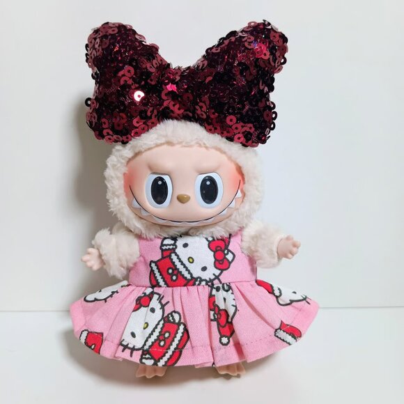 Hello Kitty Holiday Christmas Custom Dress and Sequin Bow Made to fit Labubu - Picture 1 of 5